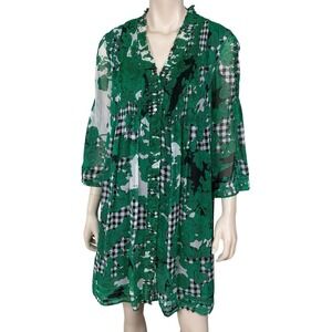 Diane Von Furstenberg Dress Women Size 6 Small Green Pin Tuck Button Down Print